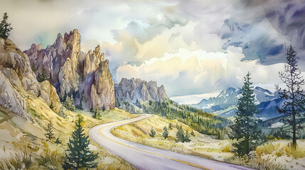 Charming Watercolor Depiction of Winding Mountain Road Through Scenic Landscape