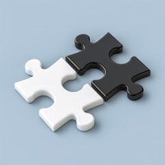 Fototapeta premium Two interlocking puzzle pieces in black and white rest on a soft blue background, symbolizing harmony and unity despite their contrasting colors and shapes.
