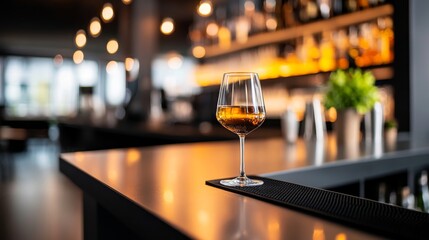 Elegant Glass of Whiskey on Bar Counter in Modern Lounge with Stylish Lighting and Warm Atmosphere, Perfect for Cocktail and Nightlife Themes