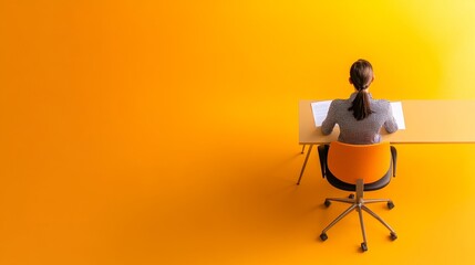 Fototapeta premium Professional Woman Working at Desk with Orange Background in Modern Office Environment, Concept of Productivity and Creativity in Workspaces