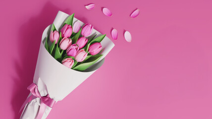 Fototapeta premium Beautiful bouquet of pink tulips on a vibrant pink background