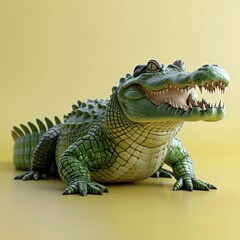 Obraz premium A lifelike crocodile model is displayed against a bright yellow backdrop. This sculpture showcases meticulous details, highlighting the texture of the scales and the fierce expression of the reptile.