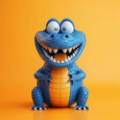 Fototapeta premium A vibrant cartoon crocodile character sits happily against a bright orange background.