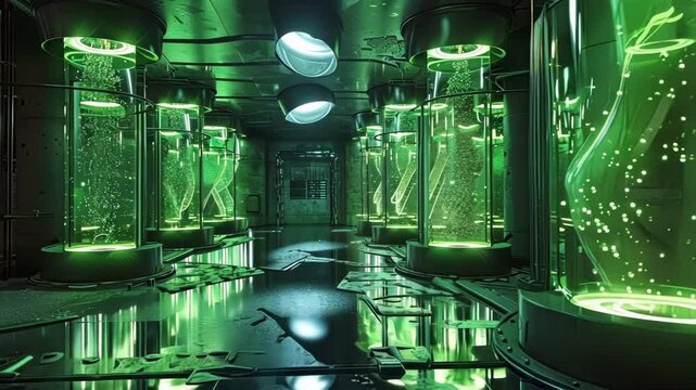 Gigantic vats of bubbling neon green liquid line the walls each one labeled with a different type of gluon glue.