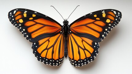 Fototapeta premium Close-up of a monarch butterfly with open wings, showcasing its vibrant orange, black, and white pattern against a white background.