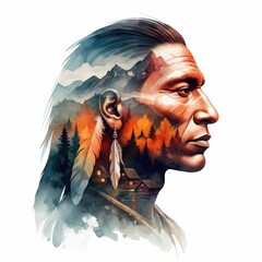 Indigenous man with a landscape silhouette, showcasing cultural heritage