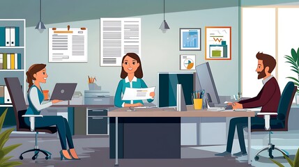 Three people are sitting at a desk in a cubicle