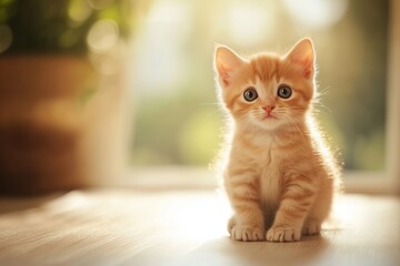 Adorable brown kitten sitting playfully with curious, wide eyes.