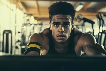 An athlete intensely running on a treadmill while wearing a fitness tracker, focused on improving their performance.