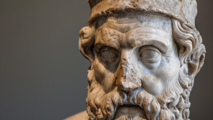 Close-up of an ancient marble statue with detailed features