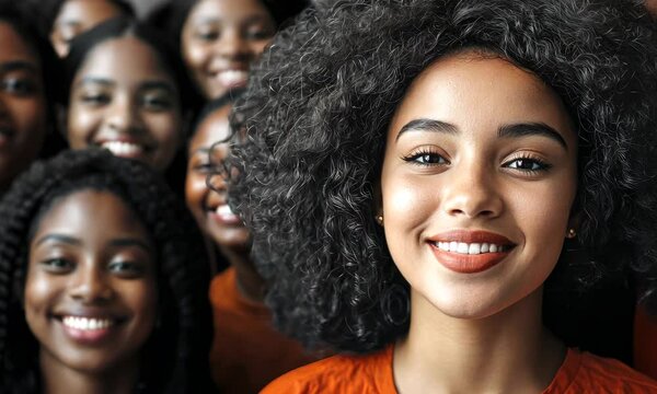 Confident young Black woman with curly hair smiling, surrounded by peers