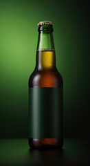 Bottle mockup. Green beer bottle with a blank label on a dark background