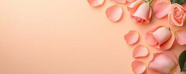 Fototapeta premium Minimal rose idea. Beautiful pink rose petals arranged elegantly on a soft peach background.
