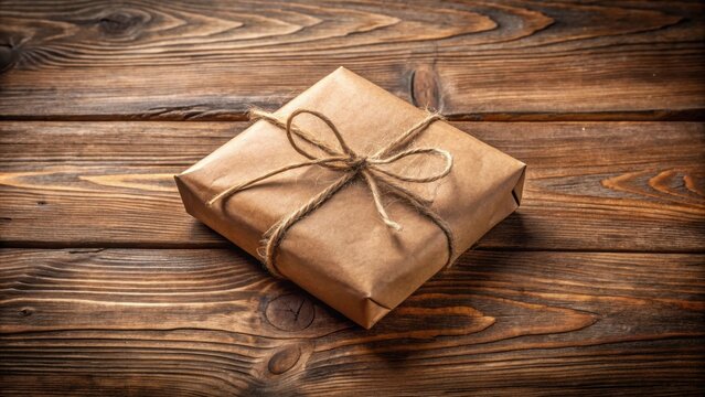A rustic brown paper parcel sitting on a wooden table with twine wrapping around it