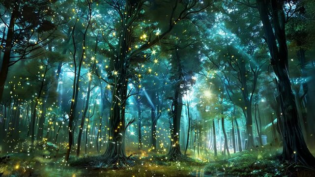 A mystical forest where luminous Higgs boson trees sway in the gentle breeze their energy eagerly harvested by woodland creatures.