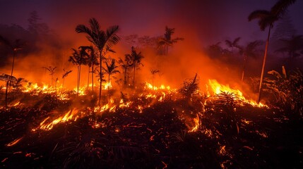 Fototapeta premium Rainforest burning at night with orange flames and smoke.