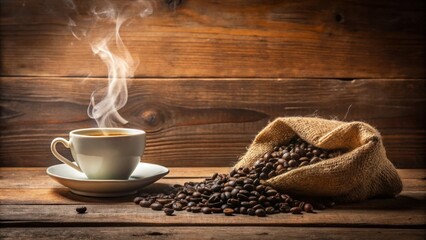 Cozy cup of coffee with heart-shaped smoke rising from wooden background adorned with burlap sack and scattered coffee beans, heart, warm