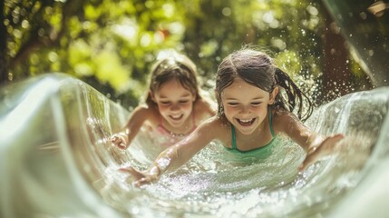 Obraz premium Two happy girls sliding down a water slide outdoors on a sunny day.