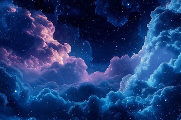 Pixelated Night Sky: A Digital Dreamscape of Clouds and Stars