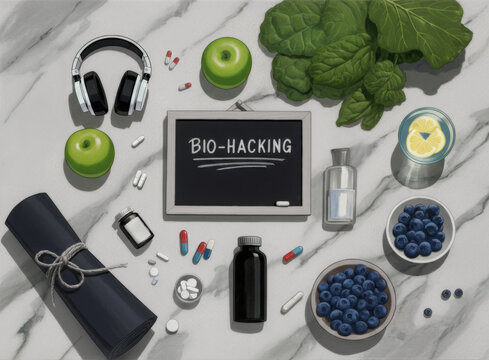 Bio-hacking essentials including supplements, fruits, and wellness tools