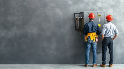 Two Electricians in Orange Hard Hats Inspecting Industrial Electrical Control Panel in Modern Grey Background for Commercial Safety and Maintenance Training