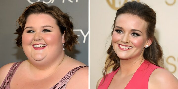 a very overweight woman before and after and the same woman very thin diet, gastric reduction, gastric balloon, front view