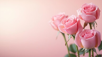 Minimal rose concept. Beautiful pink roses blooming in soft light, symbolizing love and elegance.