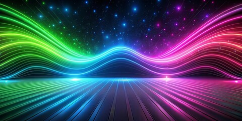 Obraz premium Abstract cosmic scene with vibrant neon light waves and a gleaming metallic floor