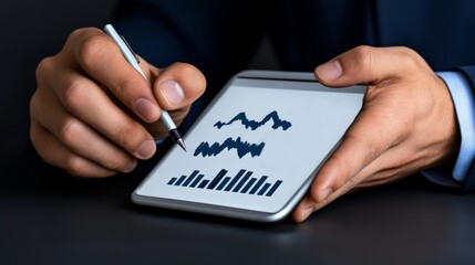 Analyzing Data on Tablet: Close-up of a businessman's hands meticulously analyzing data charts on a tablet, showcasing his focus and dedication to financial success.