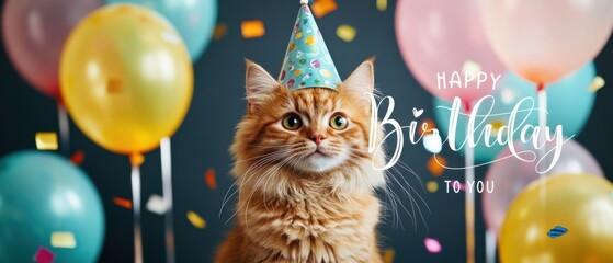 Adorable Ginger Cat Celebrates Birthday with Balloons and Confetti