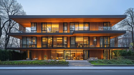 Fototapeta premium Modern architectural design featuring a sleek wooden facade and expansive glass windows.