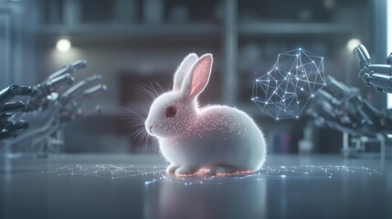 Adorable Glowing Bunny Surrounded by Futuristic Technology in a High-Tech Laboratory Setting Featuring Soft Light and Digital Effects