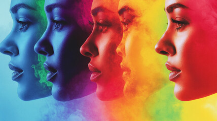 Obraz premium Colorful Smoke Portraits of Diverse Women in Profile with Vibrant Hues and Artistic Effects for Creative Projects and Marketing Uses