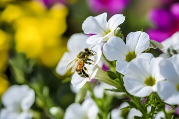 Fototapeta premium Bees buzzing around blooming flowers, actively pollinating in a lively natural scene.