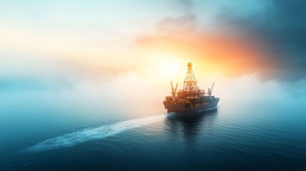 Obraz premium Majestic Offshore Oil Rig at Dawn Surrounded by Serenity and Mist Over Calm Waters, Capturing the Essence of Maritime Industry and Natural Beauty