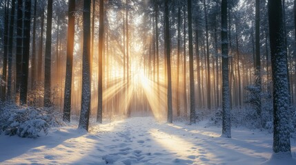 Naklejka premium Sunbeams through Winter Forest