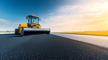 Heavy yellow road roller machine compacting asphalt on a new road construction project under a clear blue sky during sunset with a vibrant horizon