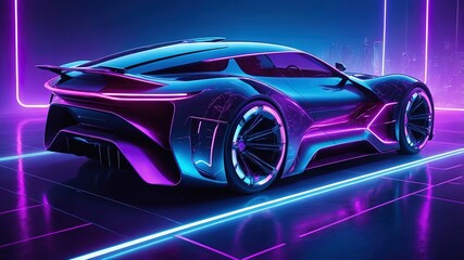 Futuristic car is shown on blue and purple background with neon lights. Generative AI.
