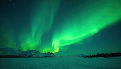 Naklejka premium Ethereal green aurora borealis shimmers across a dark, star-filled sky , aurora australis, landscape, space