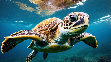 Fototapeta premium Portrait of a happy sea turtle swimming underwater