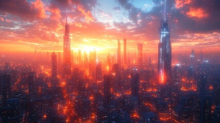 Obraz premium Futuristic city skyline, fiery sunset.