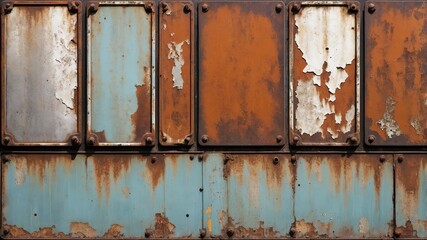 Rusty metal panels with flaking paint and texture