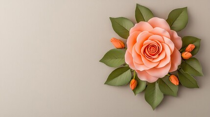 Fototapeta premium Minimal rose concept. Beautiful peach rose with green leaves and buds on a soft background.