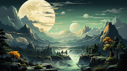 Serene alien landscape: mountains, moons, forest, river.