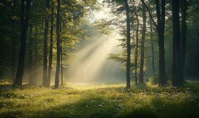 Obraz premium Sunbeams illuminating misty forest clearing with wildflowers.