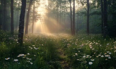 Naklejka premium Sunbeams illuminate wildflowers in a misty forest.