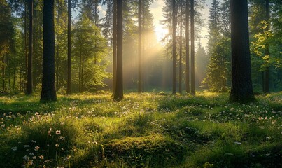 Naklejka premium Sunbeams illuminating a lush forest floor covered in wildflowers.