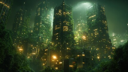 Overgrown futuristic city at night, glowing windows, lush vegetation covering buildings.