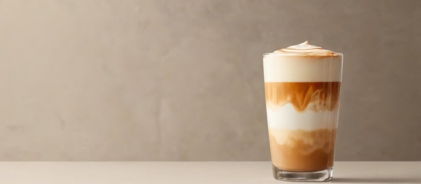 Tall glass of frothy coffee on beige background  warm and inviting latte or cappuccino concept.