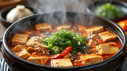 Fototapeta premium Delicious and steaming hot tofu stew in a black bowl. Korean cuisine, healthy food, comfort food concept.